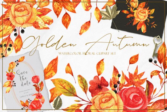 Golden Autumn Wedding Floral Watercolor Clipart